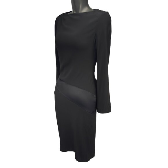 VANESSA BRUNO Draped Sheath Satin Band Long Sleeve Boat Neck Black Midi Dress 38 - Picture 5 of 11
